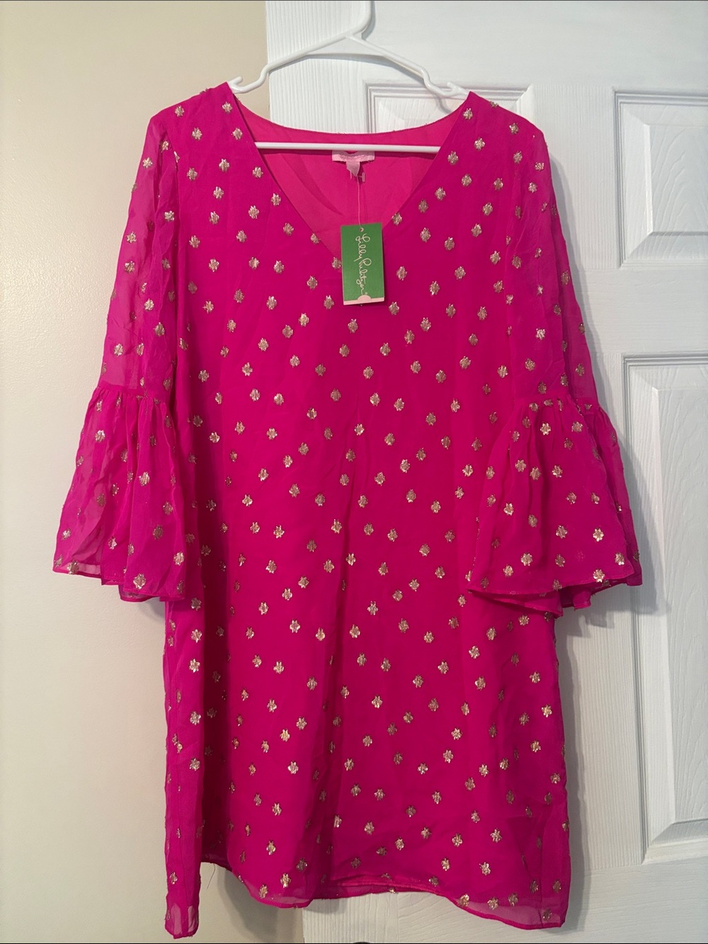 Lilly Pulitzer Hot Pink Shift Dress with Gold Foil Motif